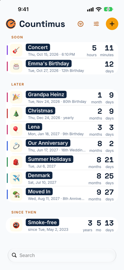 The list in Countimus: a concert in 5 hours and Emma's birthday in 12 days at the top, then Grandpa Heinz, Christmas, Lena, an anniversary, the summer holidays, Denmark and Moved In, and at the bottom “Smoke-free”, 3 years, 5 months and 13 days since