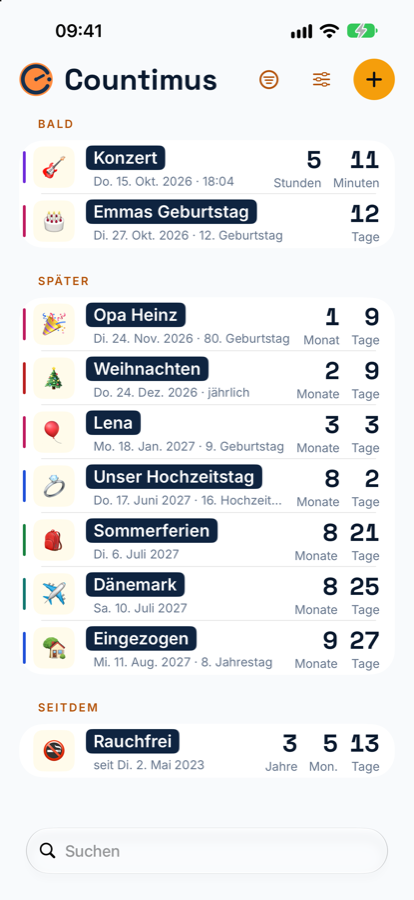 Die Liste in Countimus: oben das Konzert in 5 Stunden und Emmas Geburtstag in 12 Tagen, darunter Opa Heinz, Weihnachten, Lena, der Hochzeitstag, Sommerferien, Dänemark und Eingezogen, ganz unten „Rauchfrei, seit 3 Jahren, 5 Monaten, 13 Tagen“