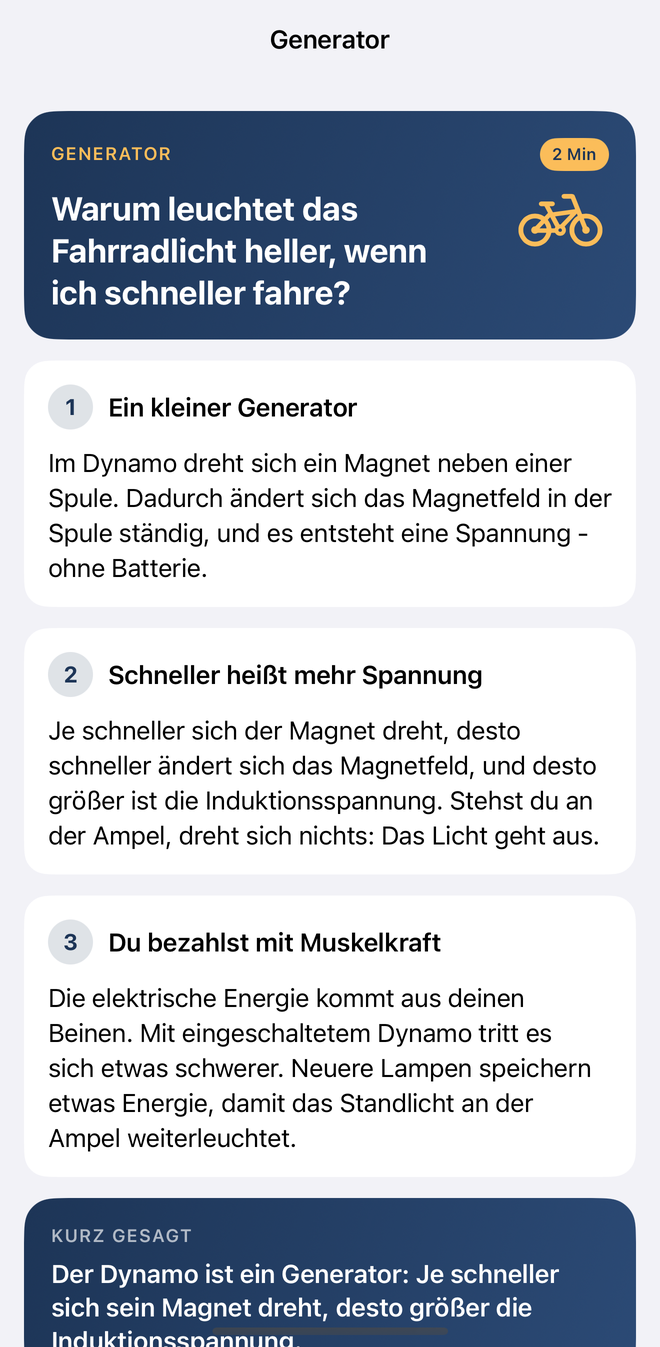 Die Alltagsfrage „Warum leuchtet das Fahrradlicht heller, wenn ich schneller fahre?“ in drei nummerierten Absätzen