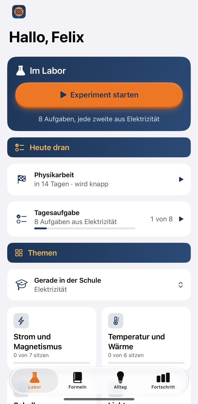 Die Startseite eines Kindes: der Knopf „Experiment starten“, darunter unter „Heute dran“ eine Physikarbeit und die Tagesaufgabe, dann „Gerade in der Schule: Elektrizität“ und die Themen