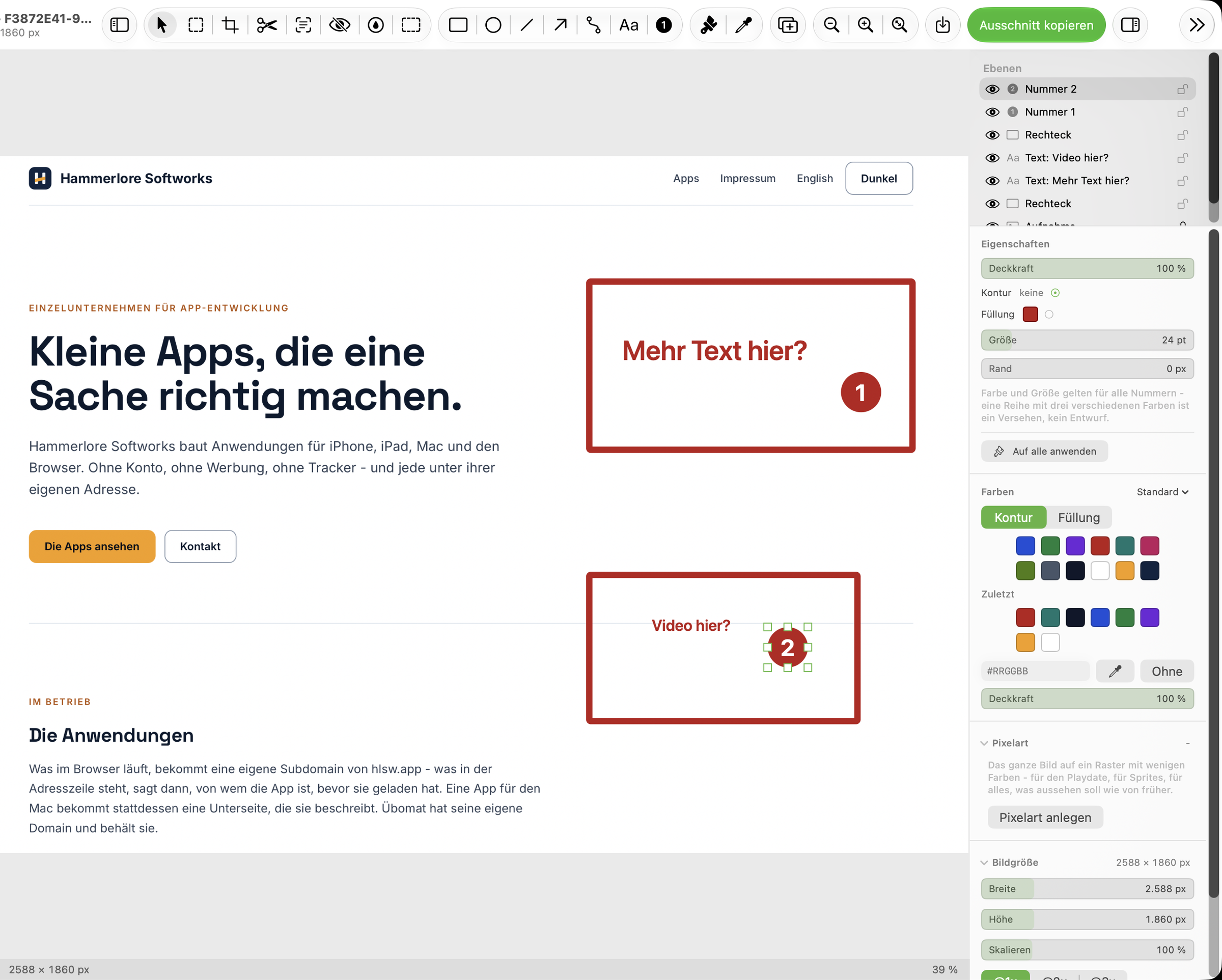 Der Editor von Pikta: oben die Werkzeugleiste, in der Mitte eine Aufnahme mit zwei roten Rahmen und den Nummern 1 und 2, rechts die Ebenen und die Eigenschaften