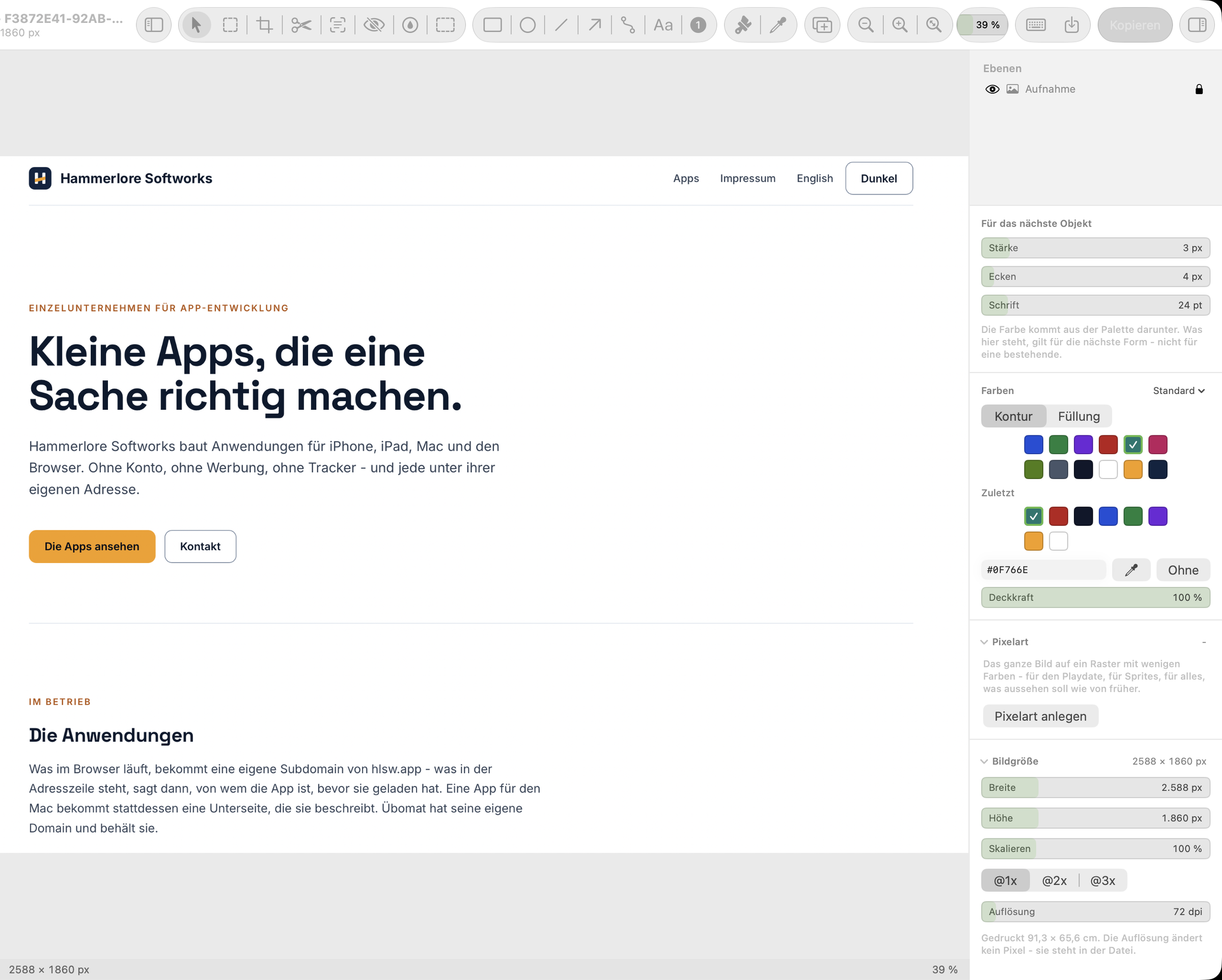 Der Editor: in der Mitte das Bild, rechts die Ebenen, die Farben und die Bildgröße