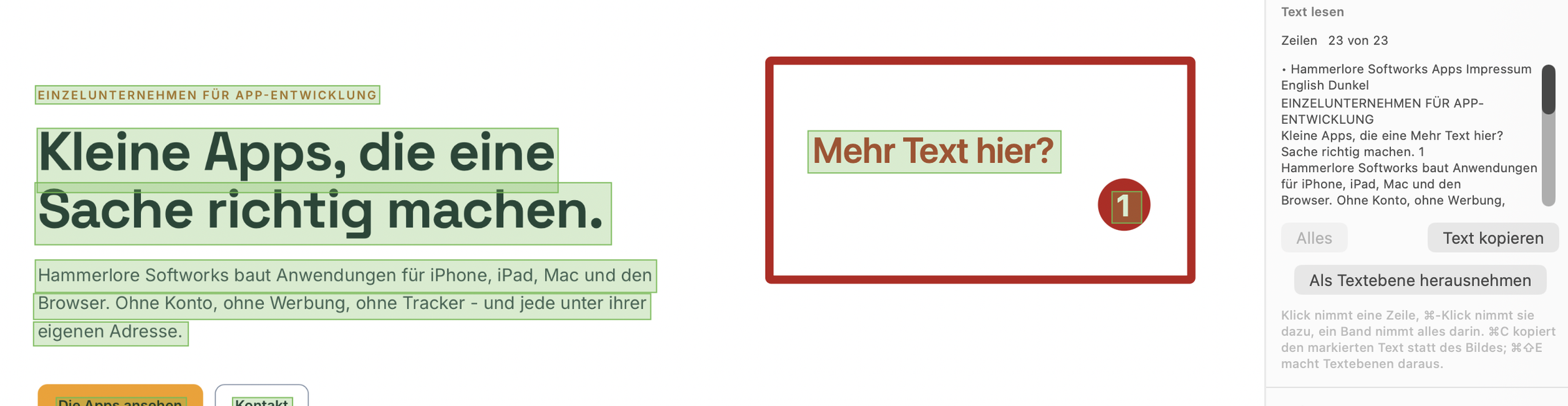 Das Werkzeug Text lesen: die erkannten Zeilen im Bild sind grün hinterlegt, rechts steht der Text zum Kopieren