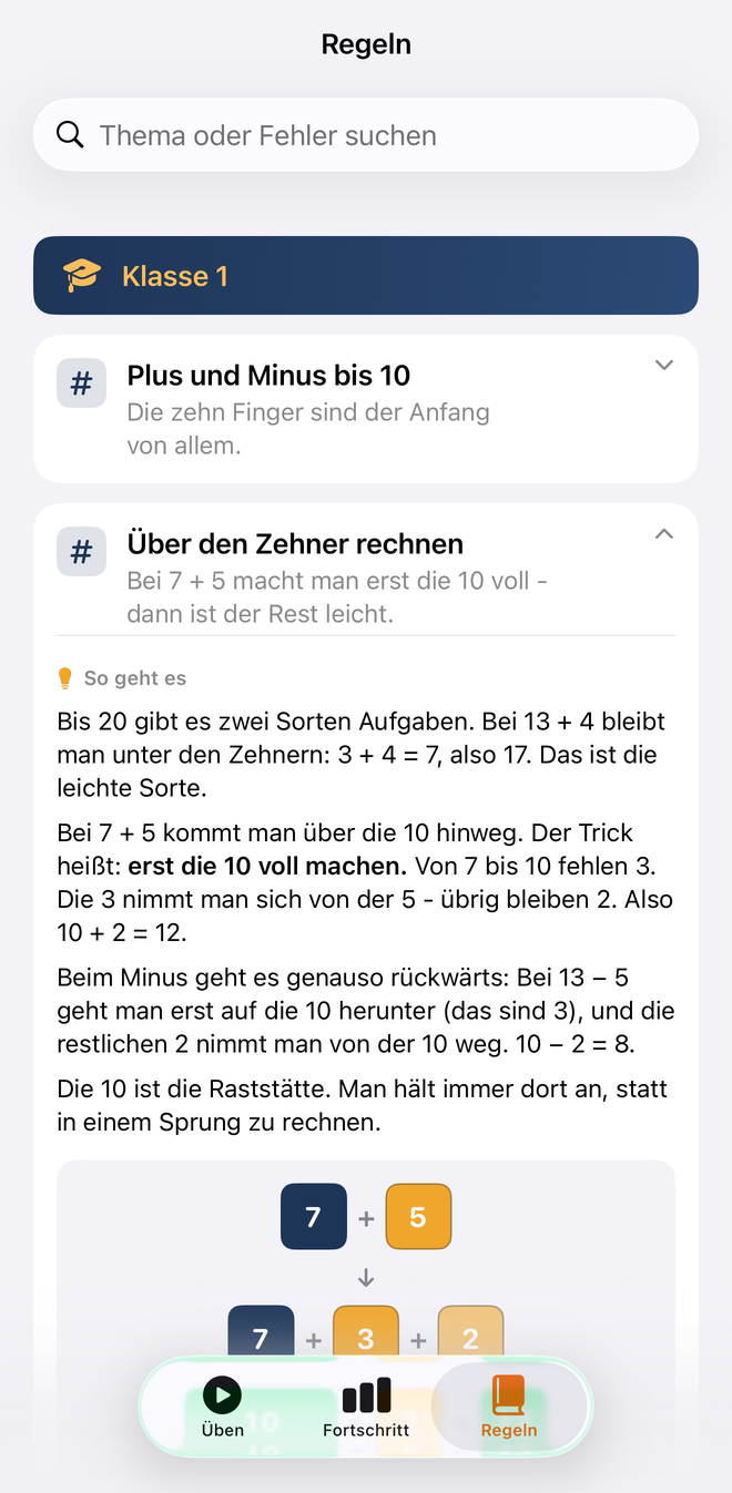 Die Regel „Über den Zehner rechnen“ aufgeklappt: eine Erklärung in vier Absätzen und darunter eine Zeichnung, wie 7 plus 5 in 7 plus 3 plus 2 zerlegt wird