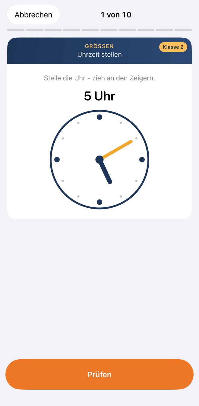 Ein Zifferblatt, darüber die Aufgabe „5 Uhr“ und die Anweisung, an den Zeigern zu ziehen